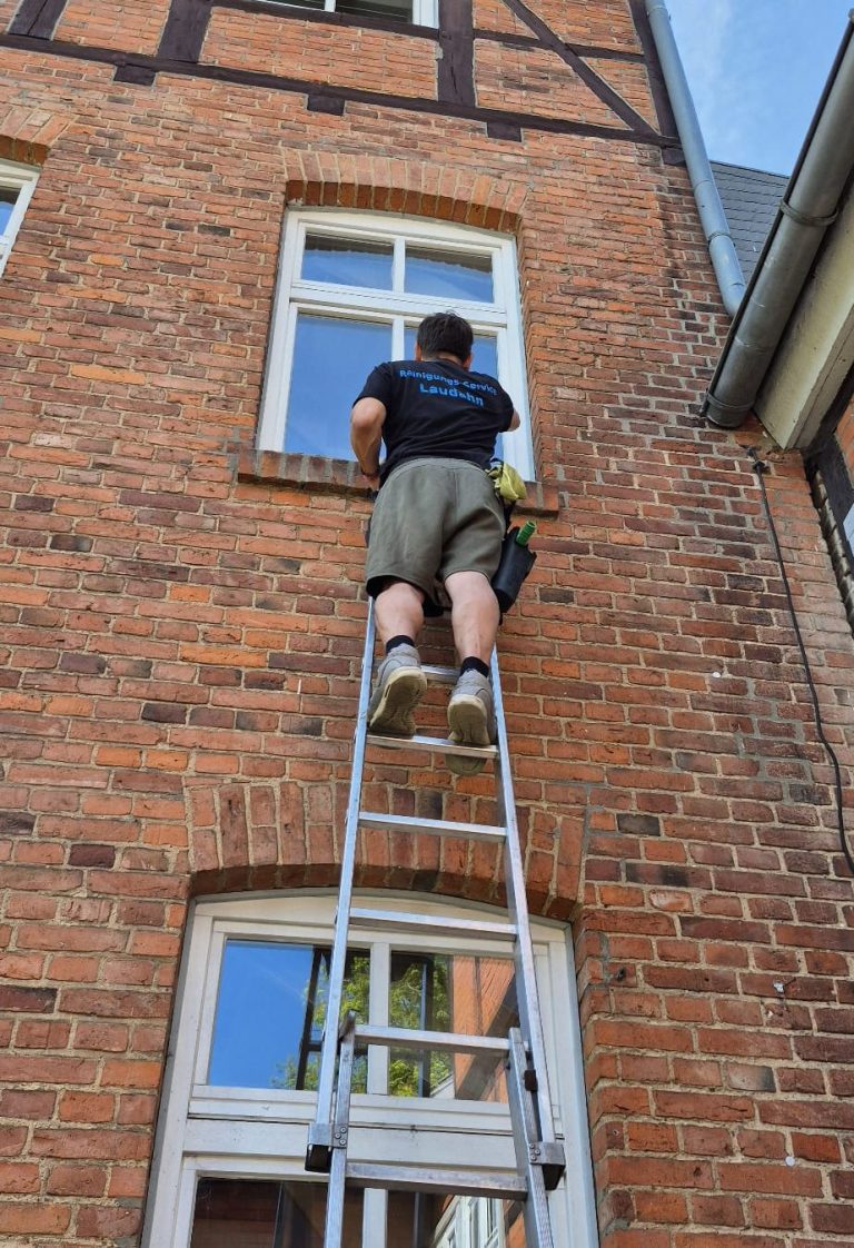 Luta Rein - Reinigungsservice in Schwerin Ein Handwerker steht auf einer Leiter und reinigt ein Fenster an einer Ziegelwand.